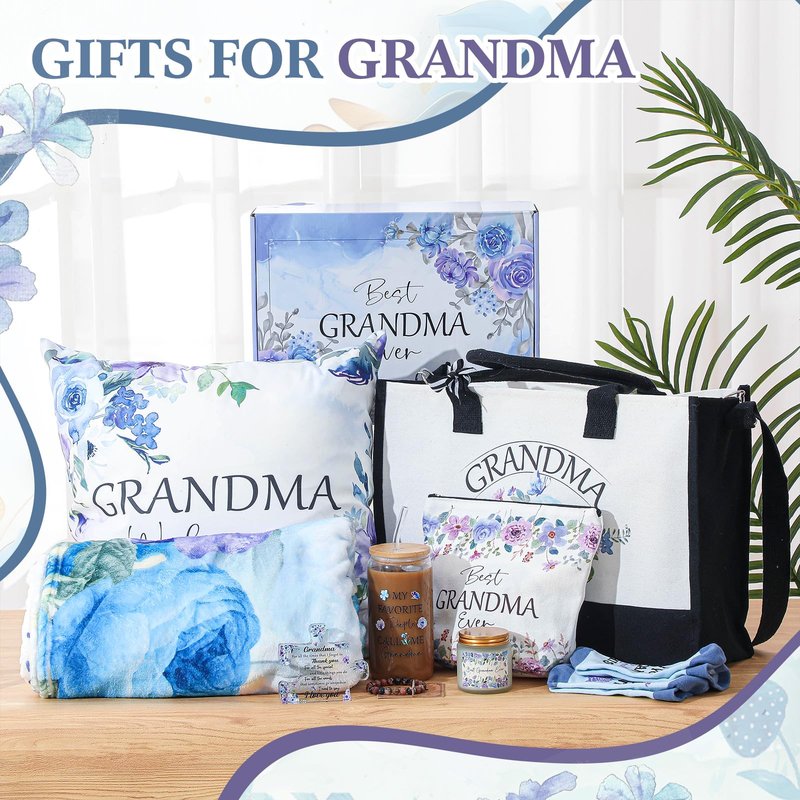 Paterr 10 Pcs Gifts for Grandma– Mothers Day, Birthday Gift Include Canvas Tote Bag 16oz Glass Cup Socks Blanket(Grandma)