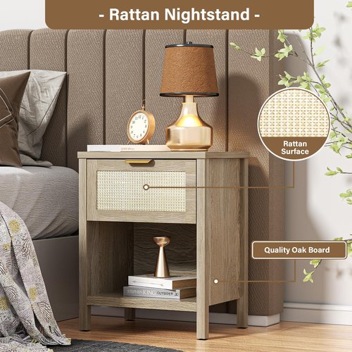 DEMEGA Rattan Night Stand Set of 2 Farmhouse Black Side Table with Drawer and Storage Shelf Boho Bedside Table for Bedroom End Tables (1, Light Oak)