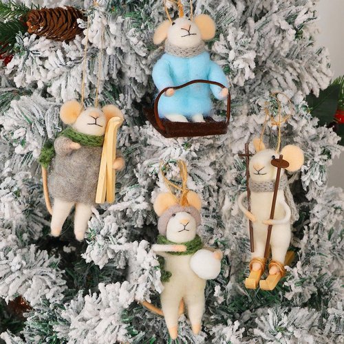 Juegoal Felt Skiing Mice Ornaments - Set of 4 Cute Wool White Mouse Decorations for Christmas Tree & Wreath