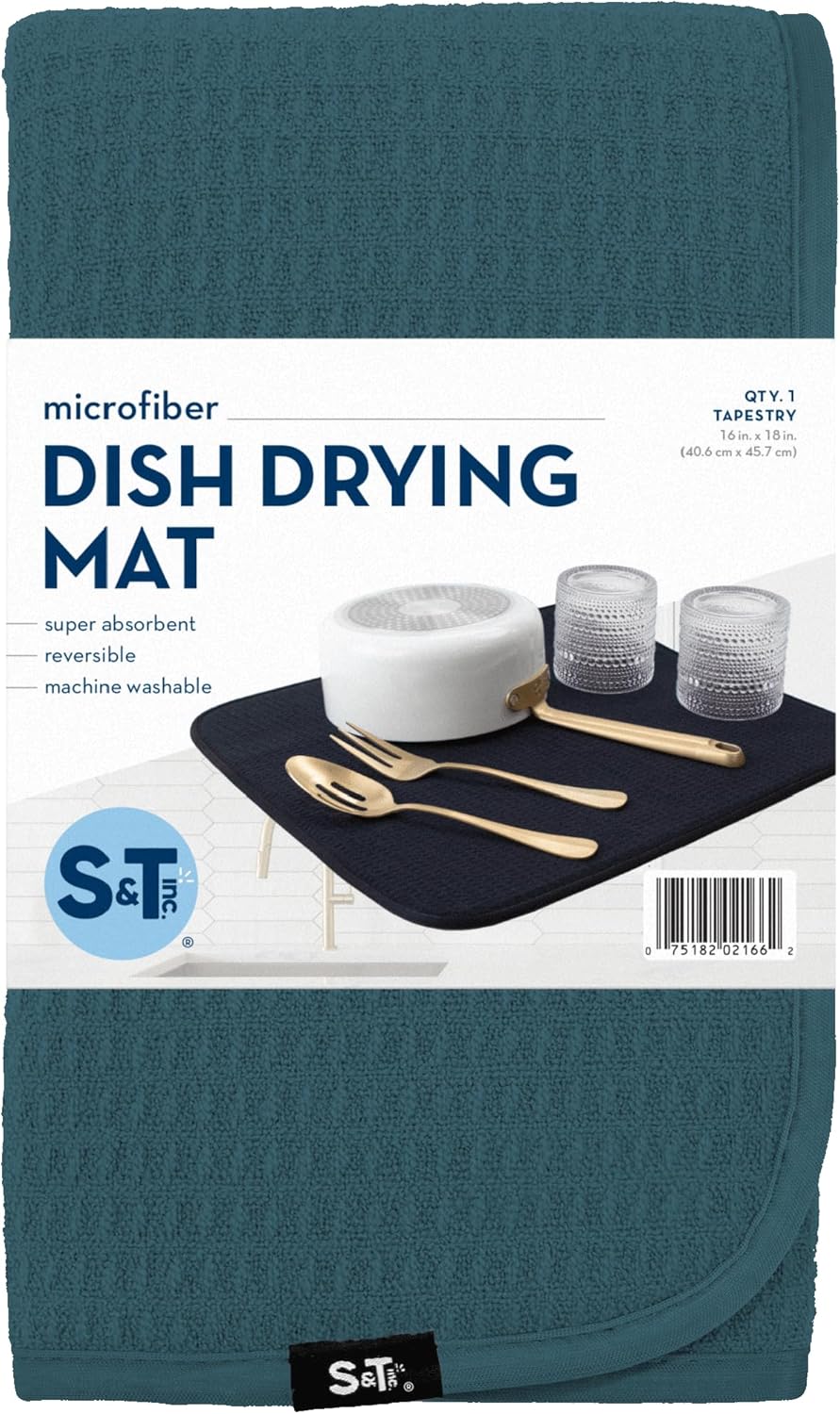 S&T INC. Dish Drying Mat - Absorbent Microfiber Kitchen Counter Pad | 16” x 18” | Tapestry Blue