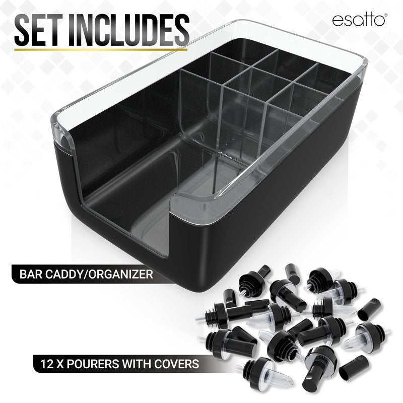 Esatto Professional Bar Products Premium Bar Caddy (White), Used to Easily Organize Bar Items and Workspace, With Additional 12 Pourers For Precision Pouring and 12 Pourer Covers