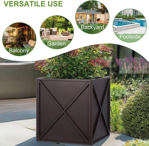 BAYN Metal Square Planter Box - Modern Heavy-Duty Design with Drainage Holes | Brown, 17”x17”x18”