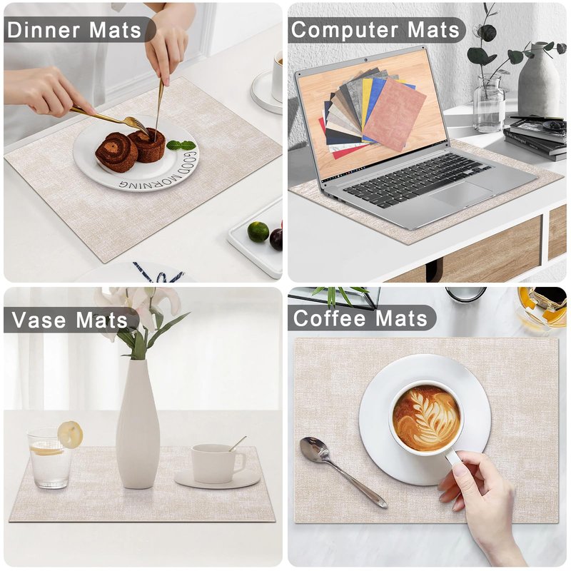 Homaxy Faux Leather Heat Resistant Placemats for Dining Table Set of 6, Waterproof Wipeable Washable PU Table Mats, Easy to Clean Anti-Slip Place Mats, 11.8" x 17", Beige