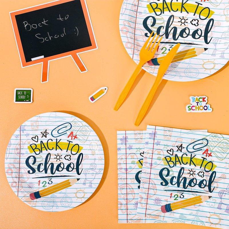 Whaline 75Pcs Back to School Tableware Set Homework Pencil Prints Disposable Dinnerware Set 50Pcs Paper Plates 25Pcs Lunch Napkins for First Day of School Party Supplies Decorations