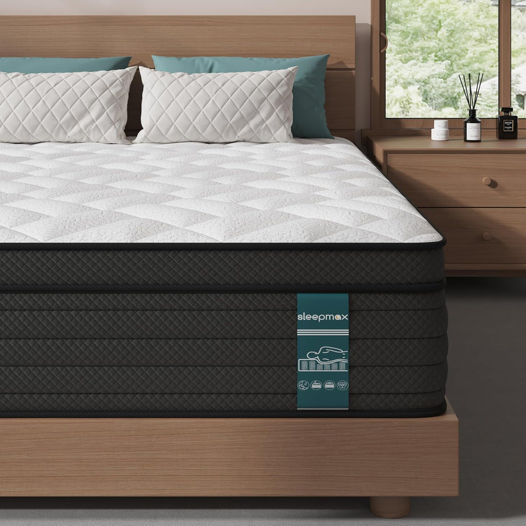 Sleepmax Extra Firm Queen Mattress - 12 Inch Deep Sleep Hybrid with Pressure Relief | Deluxe Cooling Design, CertiPUR-US Certified, 365-Night Trial