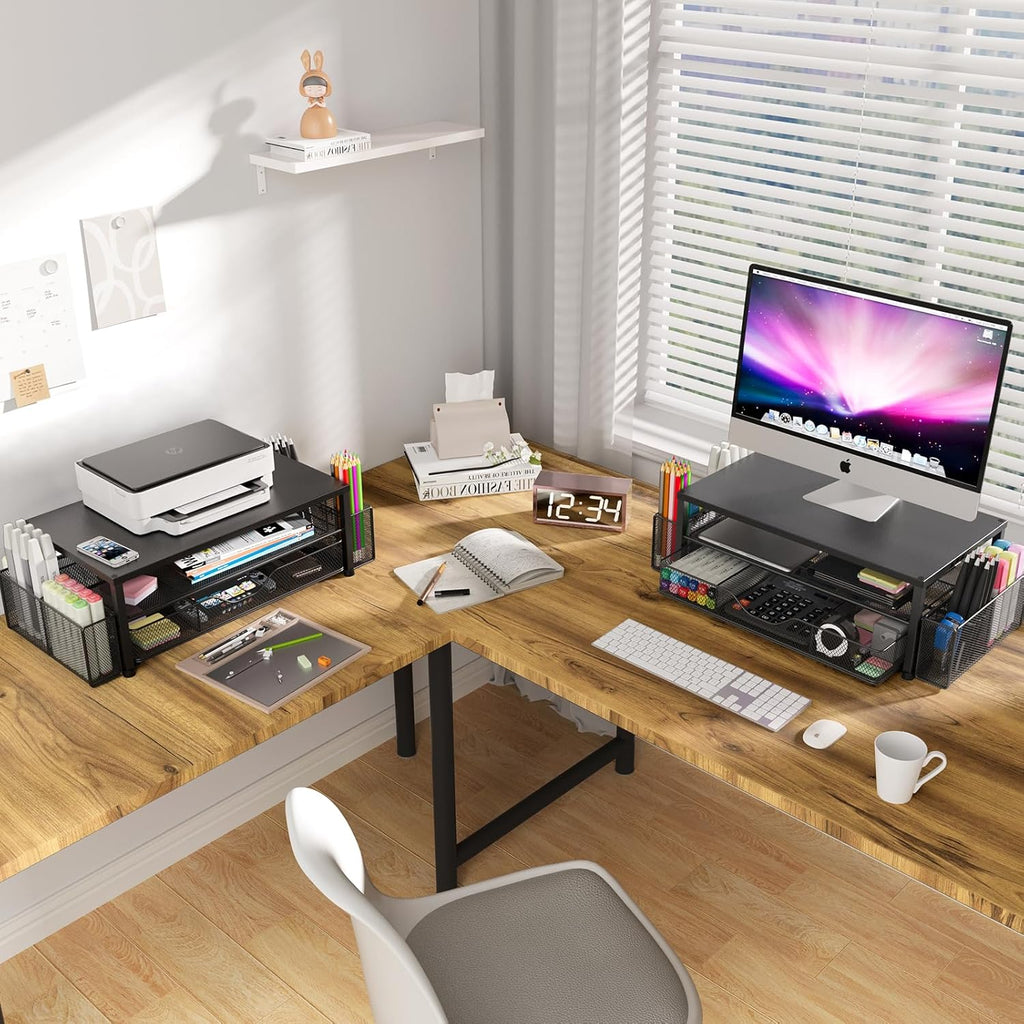 OPNICE Desk Organizer - 2-Tier Monitor Stand Riser with Drawer & Pen Holders | Black Office Accessories