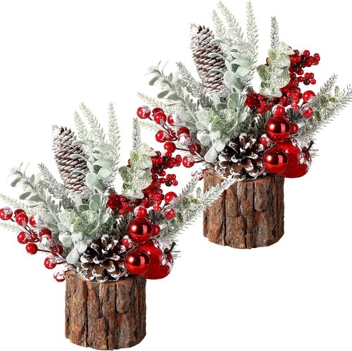 Hatisan Small Christmas Tree - Tabletop Artificial Pine Cone & Berry Ornaments | 2 Pack Red-Round for Holiday Decor