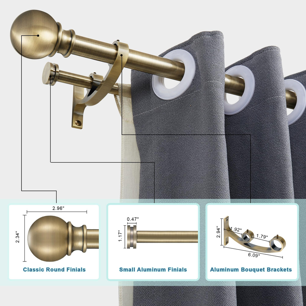 Lwiiom Double Curtain Rods with Aluminum Bouquet Brackets and Round Finials,Antique Bronze Curtain Rods for Windows 48 to 86 inch,1-inches Front and 5/8 Inches Back Double Window Drapery Rod