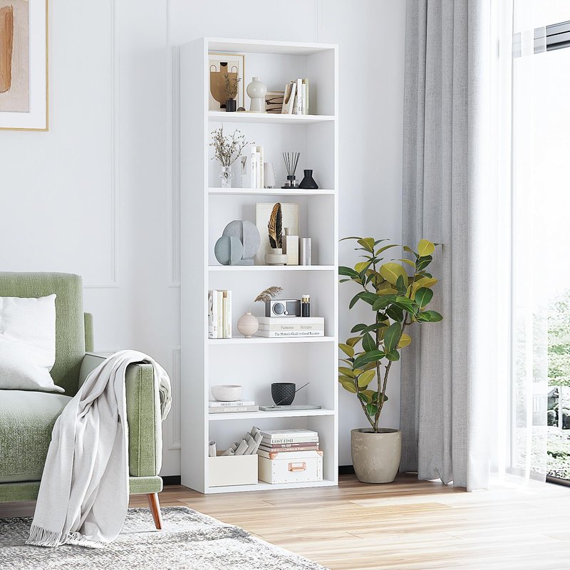 OneBlis 6-Tier Book Shelf, Floor Standing Open Bookcase, Wooden Display Storage Shelves with Anti-Tipping Device, 71" Tall Bookshelf for Bedroom, Living Room and Office, White