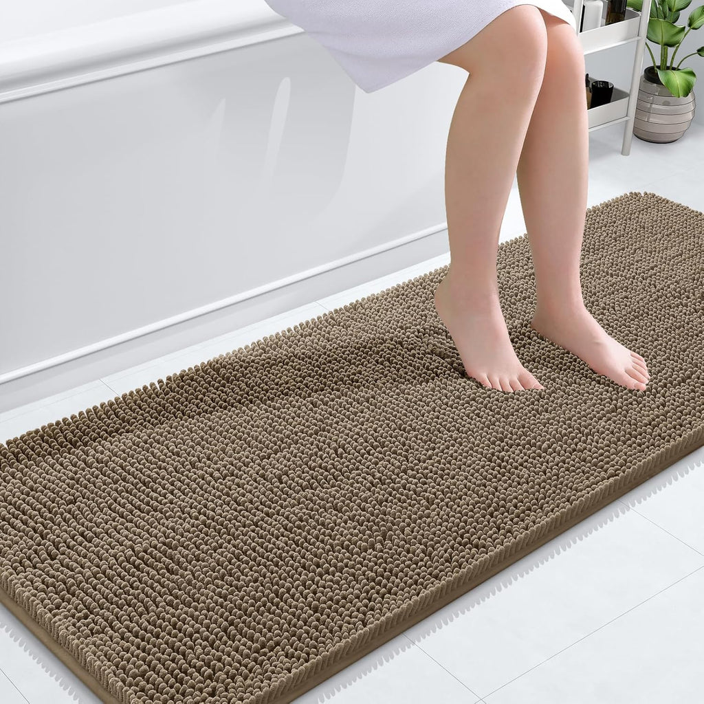 OLANLY Bathroom Runner Rugs - Extra Soft Chenille Bath Mat | Quick-Dry, Machine Washable, 59x24, Tan