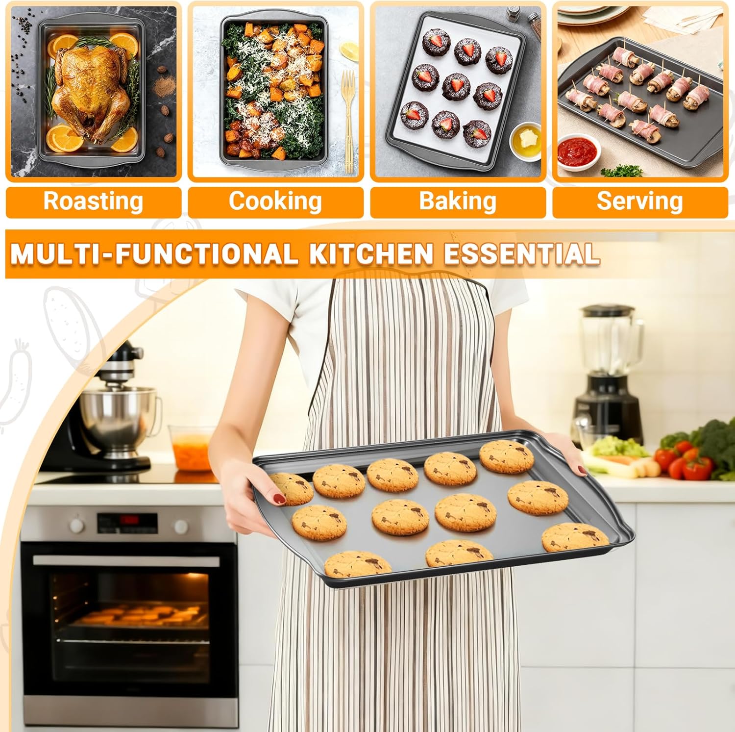Skiennix Baking Pan Set - Nonstick Carbon Steel Cookie Sheets, 17 Inch, Rust & Warp Resistant, Easy Clean