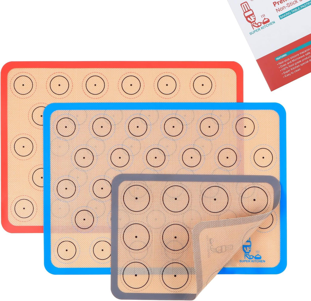Skiennix Silicone Baking Mat Set - Non-Stick Macaron Liners for Cookies, Pans & More | 3 Colors: Red, Blue, Gray