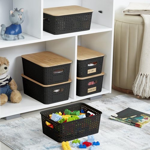 Bagnizer Small Plastic Storage Bins - Stackable 5.2qt Decorative Containers with Bamboo Lids | Black, Set of 6