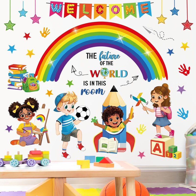decalmile Rainbow Reading Corner Wall Decals Handprint The Future of The World Inspirational Quotes Wall Stickers Kids Playroom School Library Classroom Wall Decor