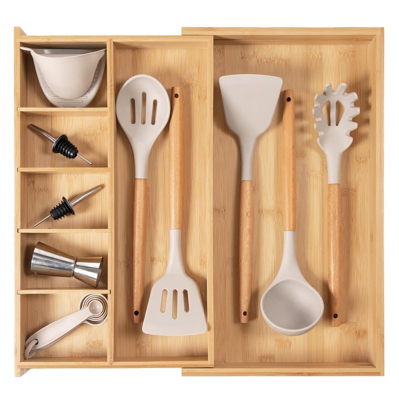 KitchenEdge Adjustable Kitchen Drawer Organizer for Utensils and Junk, Food-Safe Contract Grade with 100% Sustainable Wood, Expandable from 10.5 to 19 Inches Wide - Natural Bamboo