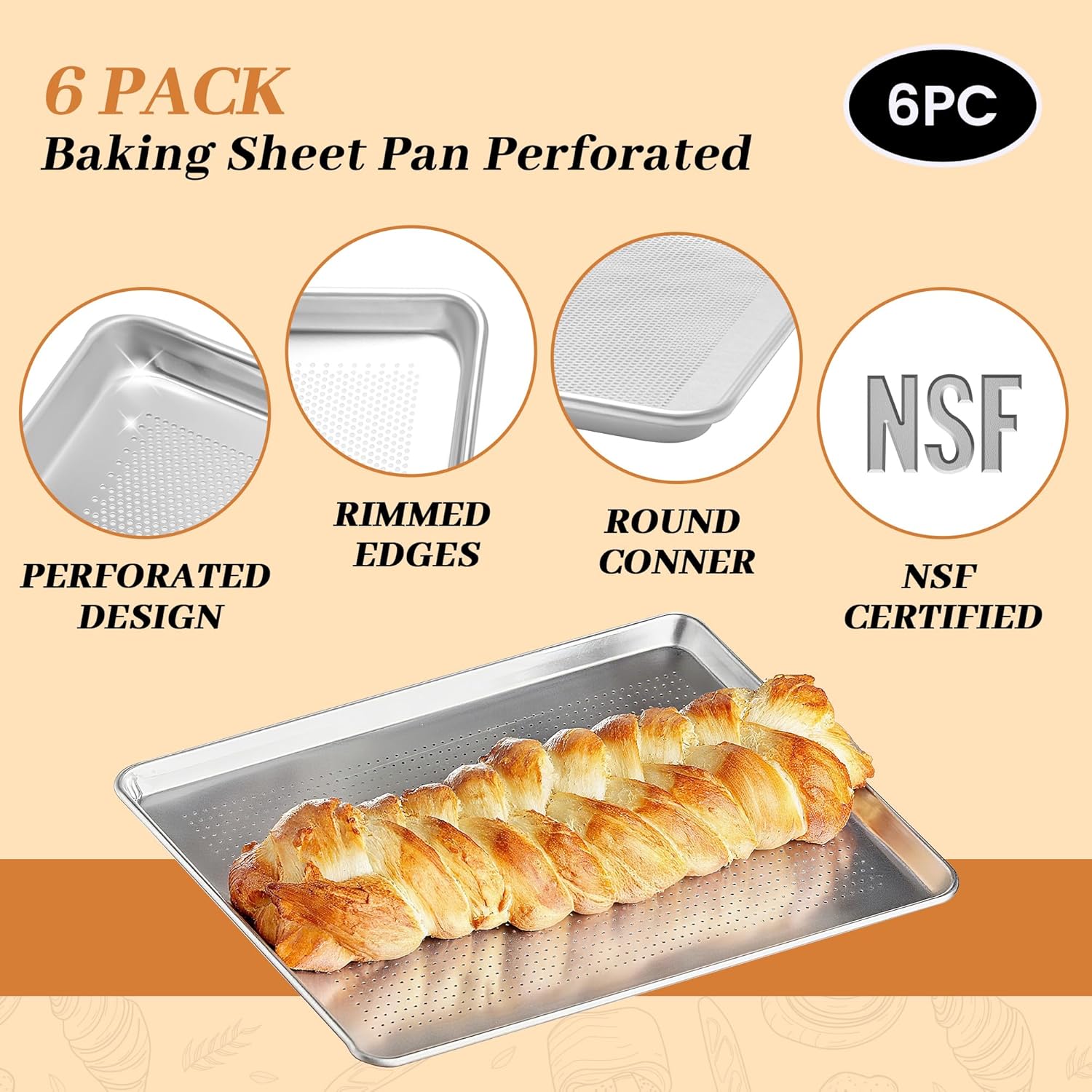 Perforated Aluminum Baking Sheet Pans - Non-Stick Commercial Cookie Sheets | 6 Pack, 26"x18"