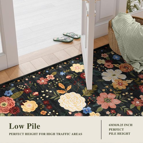 8x10 Washable Area Rug for Living Room, Floral Non-Slip Non-Shedding & Easy Care Black Green Large Soft Low Pile Indoor Floor Carpet for Living Room Bedroom Farmhouse Dining Room Kids Playroom