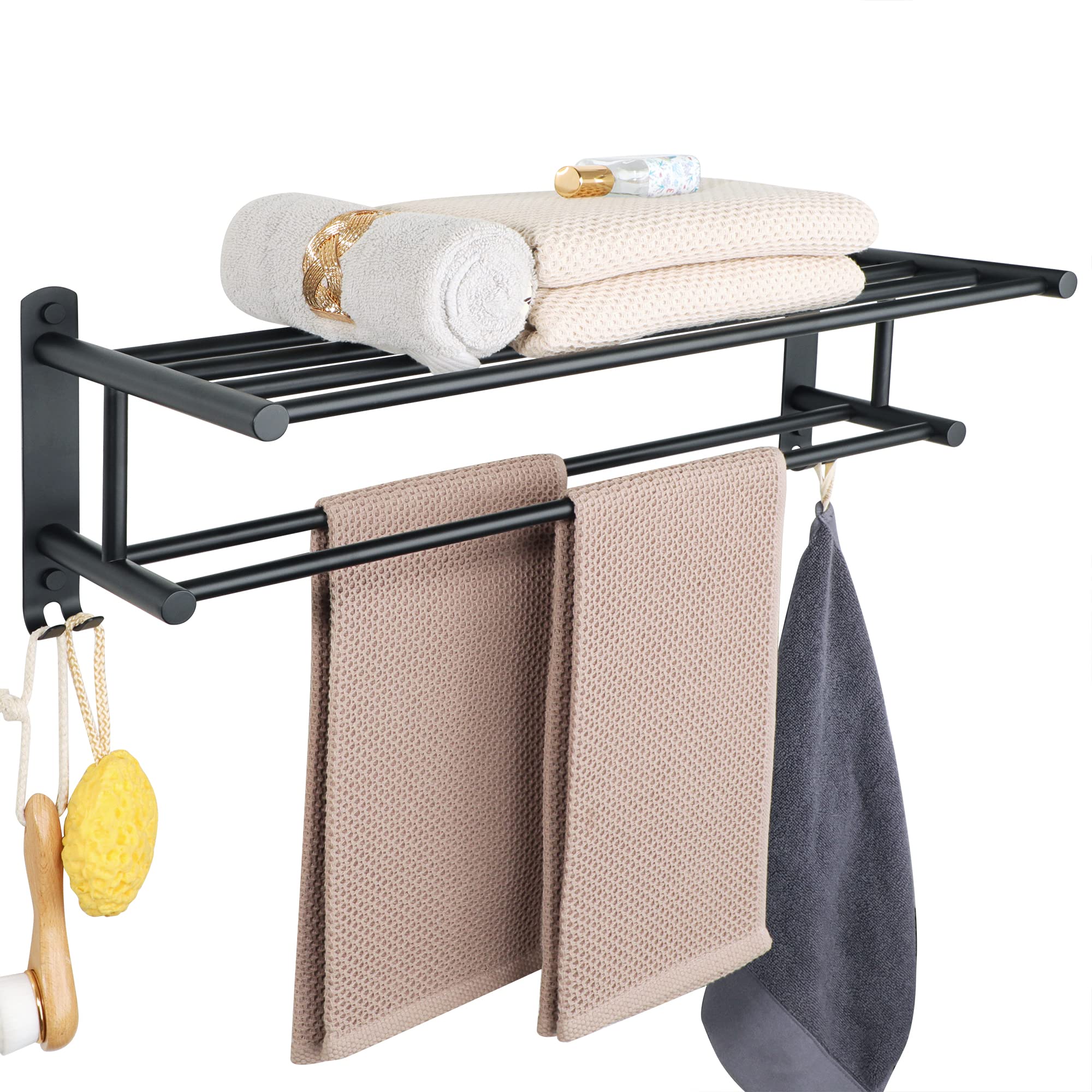 Alise Bathroom Towel Rack Towel Shelf with Two Towel Bars and Double Towel Hooks Wall Mount Towel Holder,SUS 304 Stainless Steel Matte Black GY6000-B
