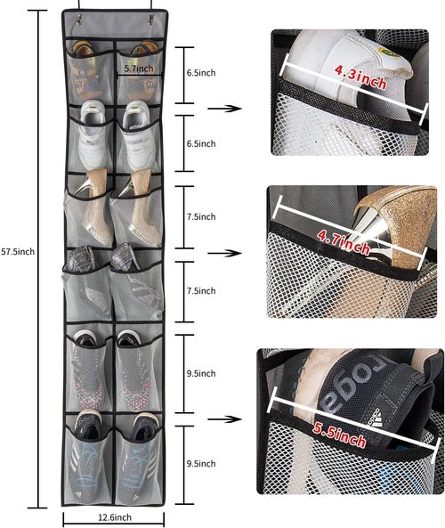 KEEPJOY Over The Door Shoe Organizer - 2 Pack Mesh Pockets with 4 Hooks | Large 57.5"x12.6" Grey Storage Solution