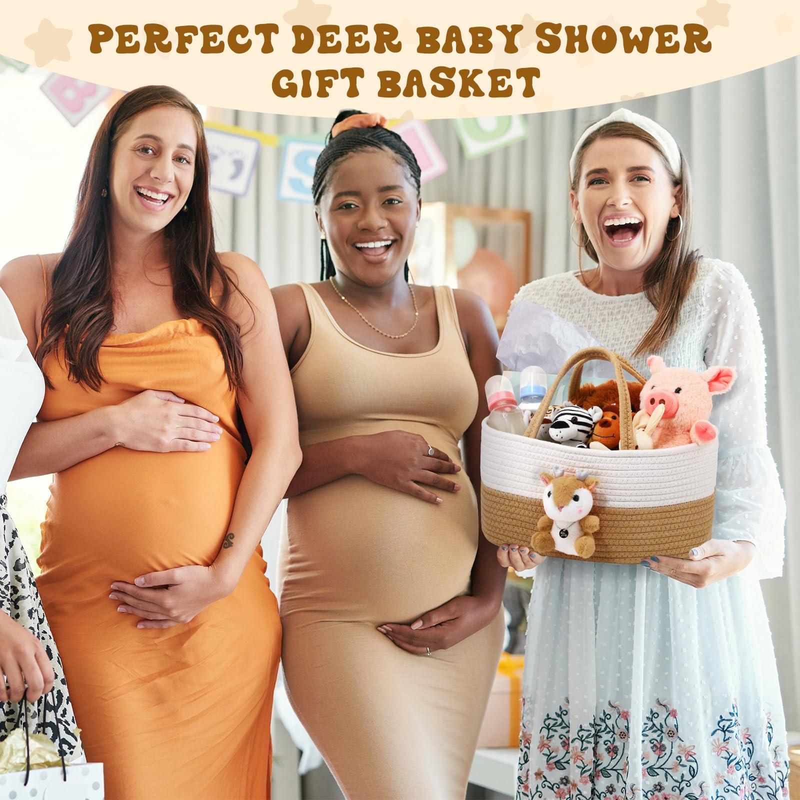 FoldTier Cute Deer Diaper Caddy Organizer Cotton Rope Woodland Nursery Storage Bin Basket Baby Shower Basket Gift Portable Holder Tote Bag with Handle for Changing Table Car Travel(L)