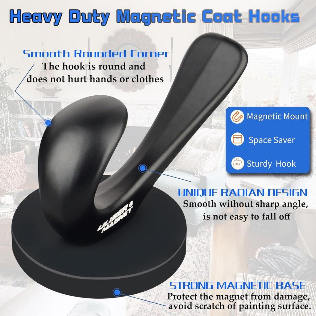 ULIBERMAGNET Strong Magnetic Coat Hooks - Heavy Duty Double Hooks for Coats, Towels & Keys | Black, 2 Pack