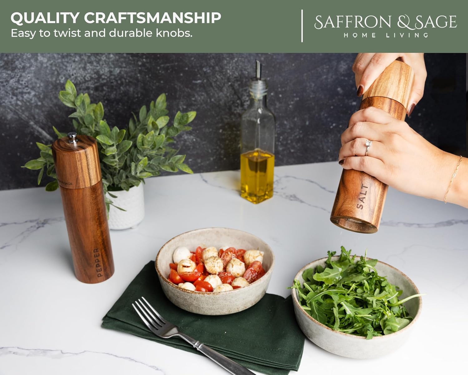 Saffron & Sage Premium Acacia Wood Salt and Pepper Grinder Set | 8” Tall with Adjustable Coarse Settings