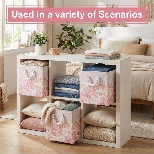 LemonRoad Pink Floral Cube Storage Bins - 6 Pcs Collapsible Fabric Organizers | 11.22 Inch Square Baskets