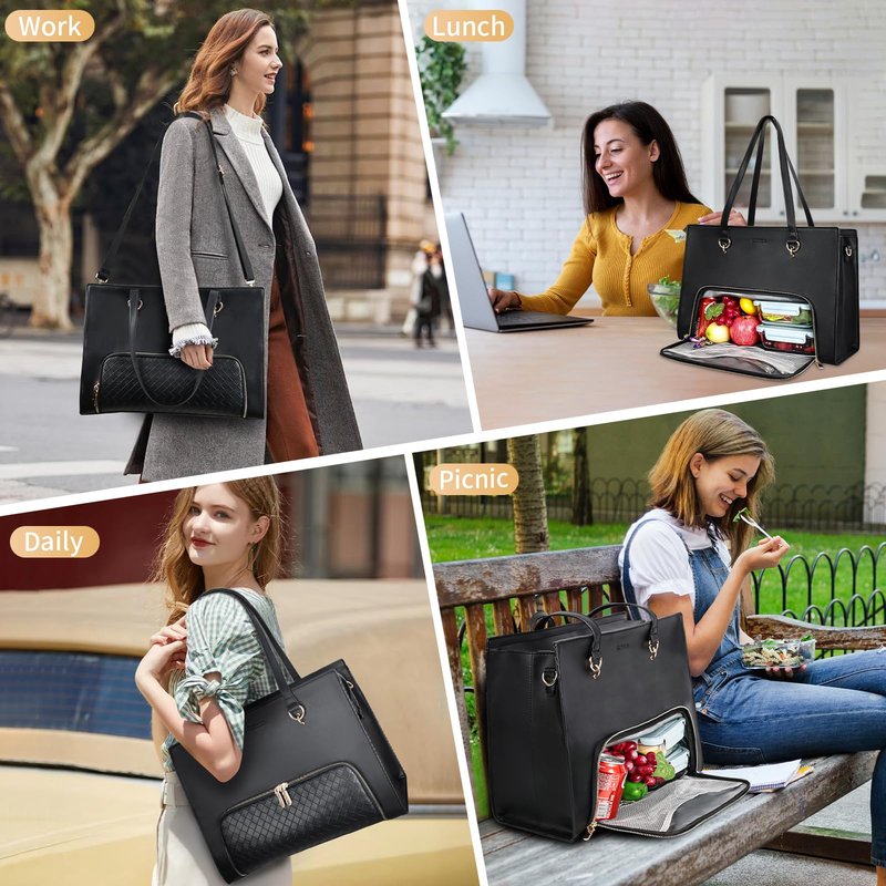 ESTARER Women Laptop Tote Bag with Insulated Lunch Compartment, 17-17.3 Inch PU Leather Work Bag Water-resistant, Convertible Large Business Computer Briefcase Handbag for Office/Travel/Casual, Black