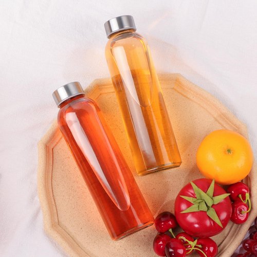 GUANENA 12 Pack Glass Water Bottles, 16oz Clear Glass Bottles with Stainless Steel Lids, Reusable Glass Drink Bottles with Caps for Juicing, Smoothies, Tea, Water, Beverages