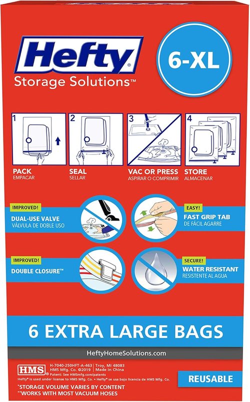 Hefty Shrink-Pak Vacuum Seal Storage Bags - 6 Extra Large Space Saver Bags for Clothing & Blankets