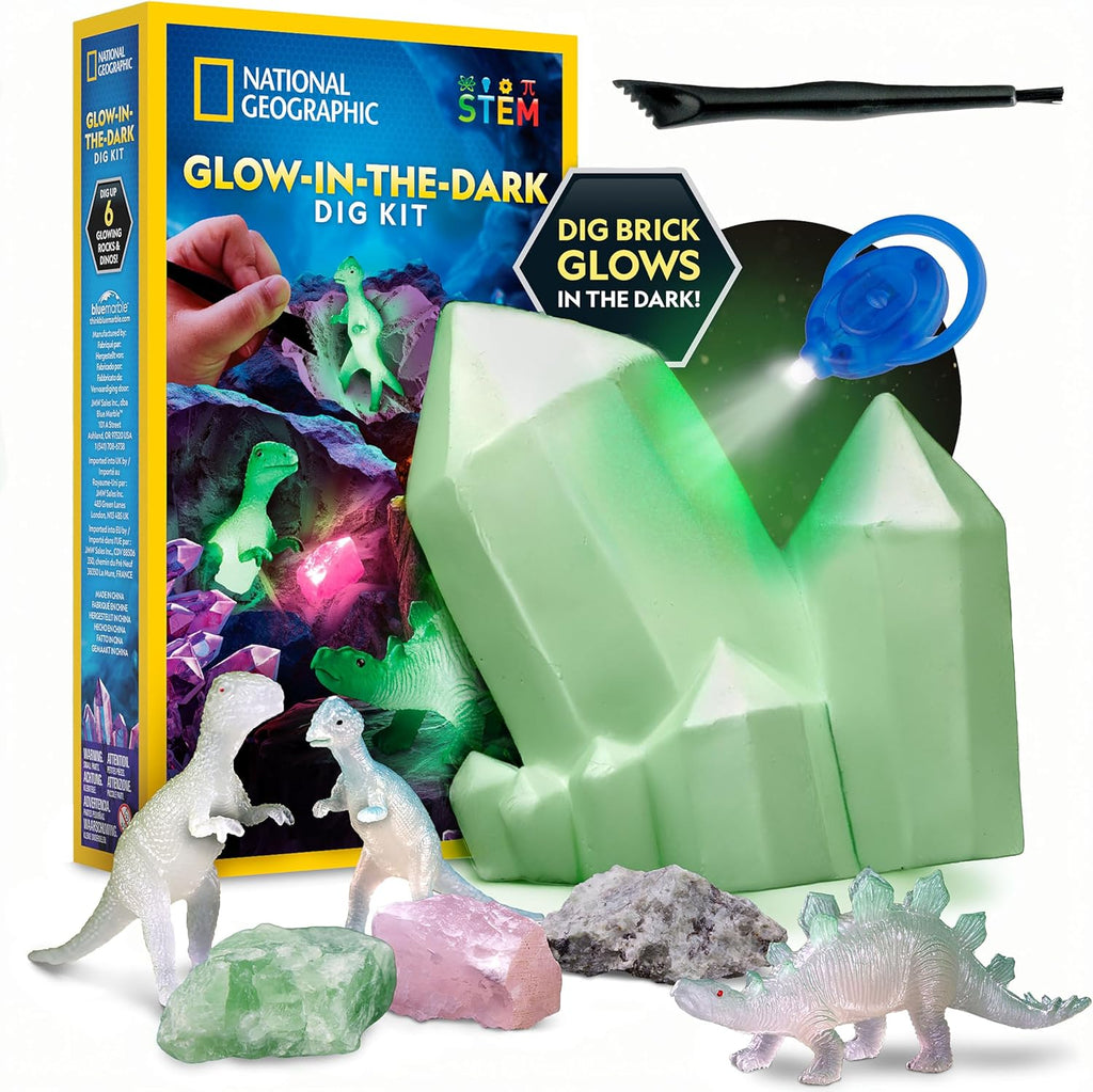 National Geographic Glow In The Dark Dig Kit - Excavate 6 Glowing Rocks & Dinosaurs | STEM Science Fun for Kids