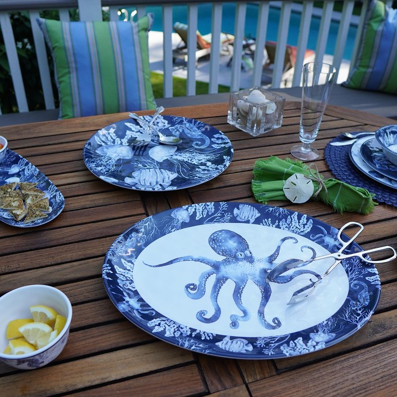 Sea Life Melamine 2-Piece Platter Set – Coastal Nautical Oval and Round Serving Trays with Octopus & Ocean Creatures, Break-Resistant Beach House Tableware, Dishwasher Safe, Indoor/Outdoor Use