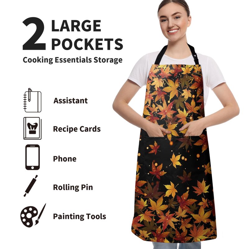 Kwlegh Fall Aprons for Adults Women Men Golden Red Maple Leaves Apron with Pockets Adjustable Strap Kitchen Chef Apron Black Cooking Apron for Cooking Barbecue Crafting Sewing