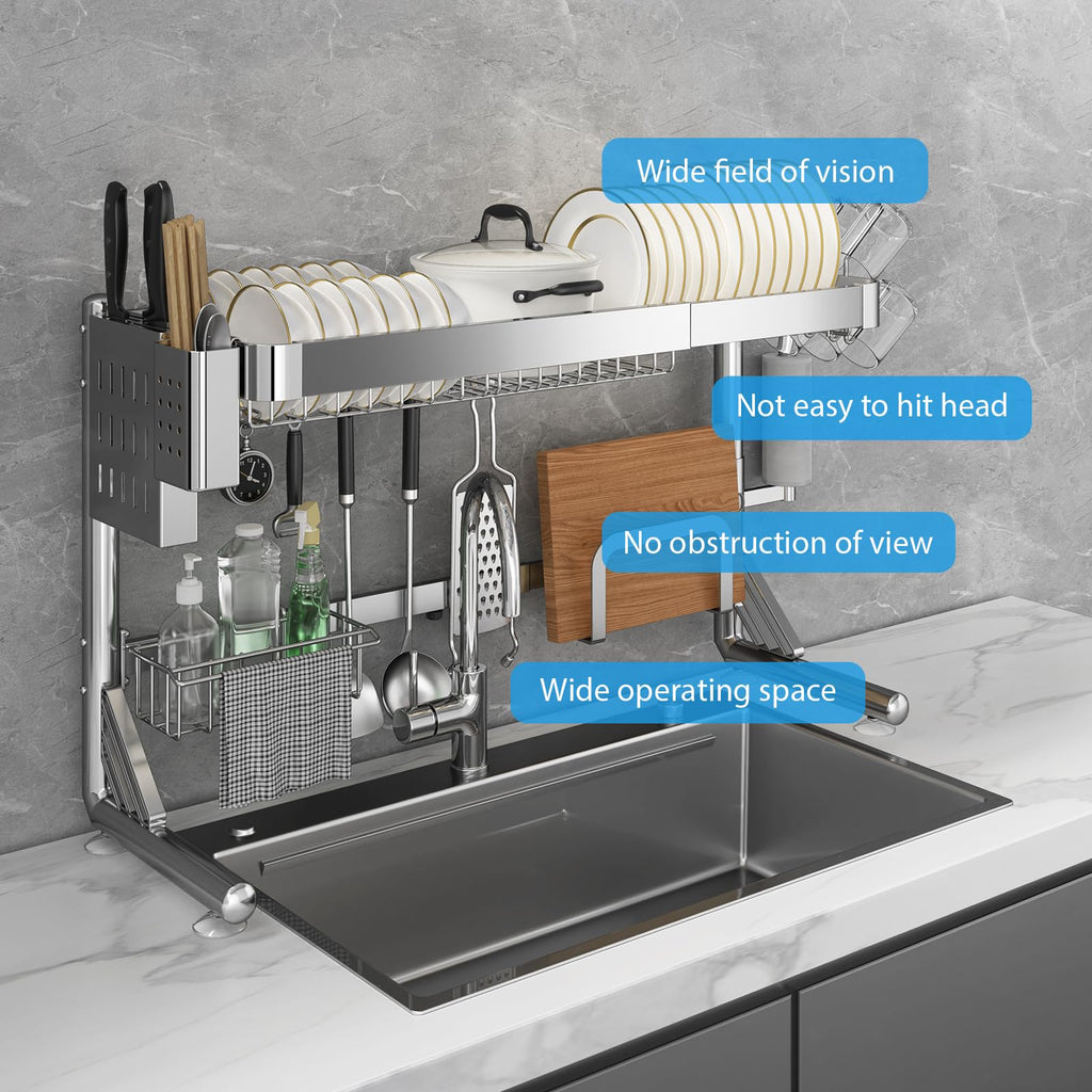 Shrivee Over The Sink Dish Drainer Drying Rack, 2 Tier Adjustable Width (20.87'' to 37.6'') 304 Stainless Steel Large Over Sink Dish Drying Rack for Kitchen Counter Organizer, (Silver)