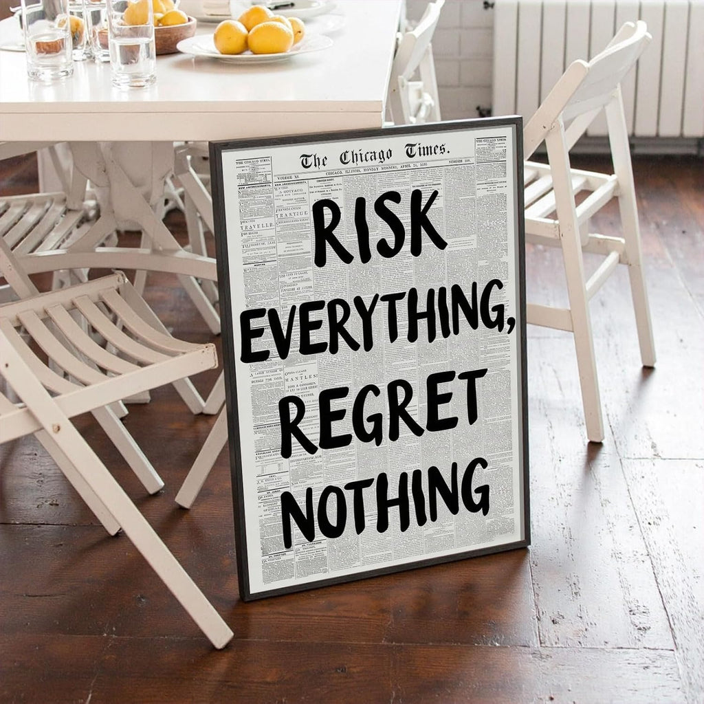 RISK Everything REGRET Nothing Canvas Wall Art - Retro Black & White Poster for Home Decor | 16x24 in Unframed