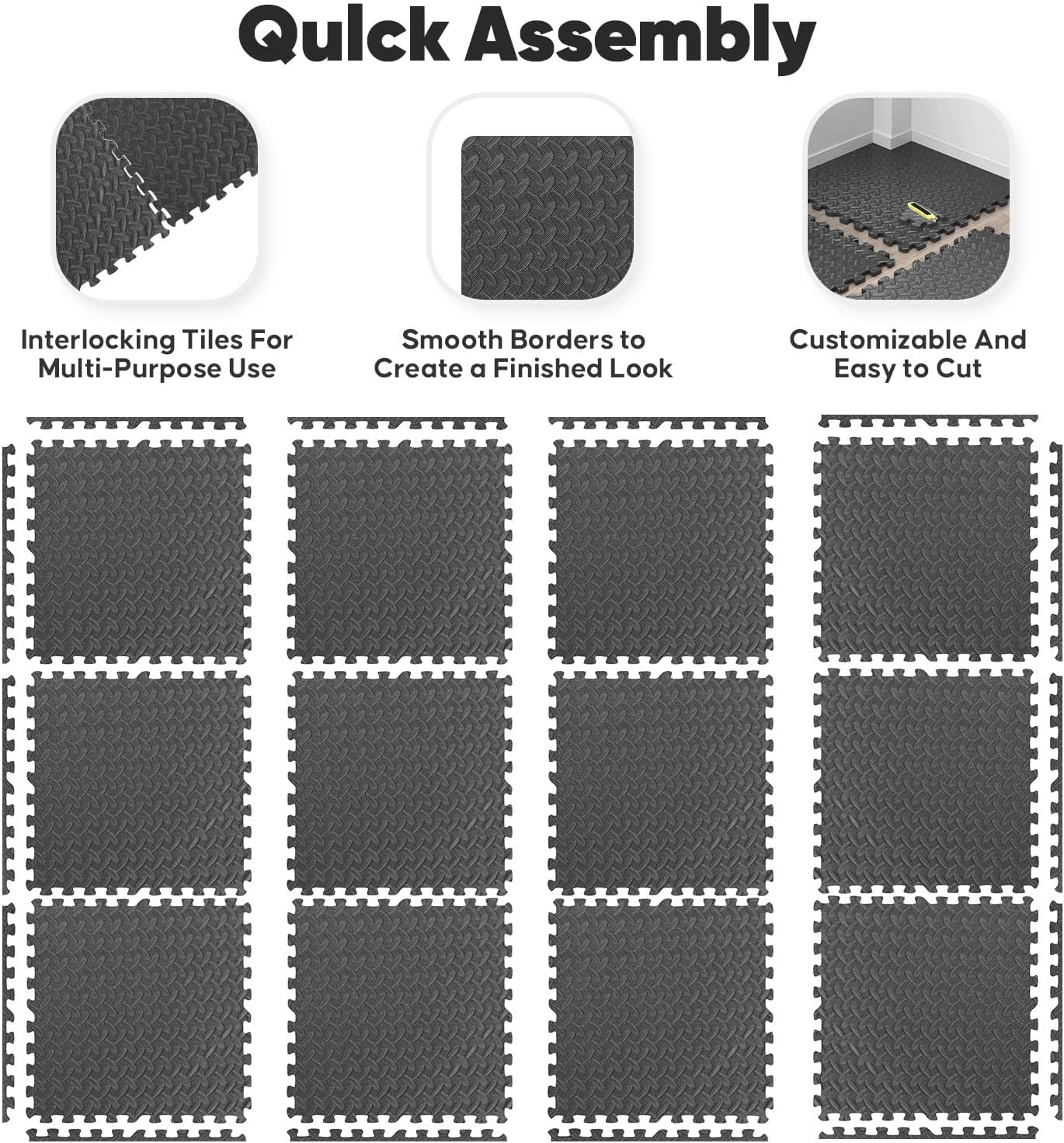 Puzzle Exercise Mat by Home Gym - EVA Interlocking Foam Tiles for Workouts & Play - Black, 24x24 in, 16 Pack