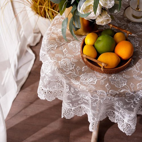 ARTABLE Rectangle Small Table Cloth Lace Macrame Vintage Tablecloth Shabby Chic Embroidered Oblong Table Cover for Wedding Banquet Holiday Long Dinner Tables (Offwhite, 43 Inch Round)