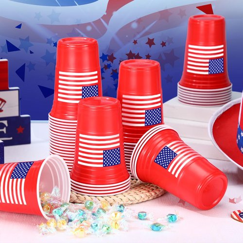 Funnymoom 50 Pcs Patriotic Plastic Cups 16 oz 4th of July Party Theme Decorations Red White and Blue Disposable American Flag Cup Hot Cold Drink for Birthday Memorial Day Independence Day Supplies
