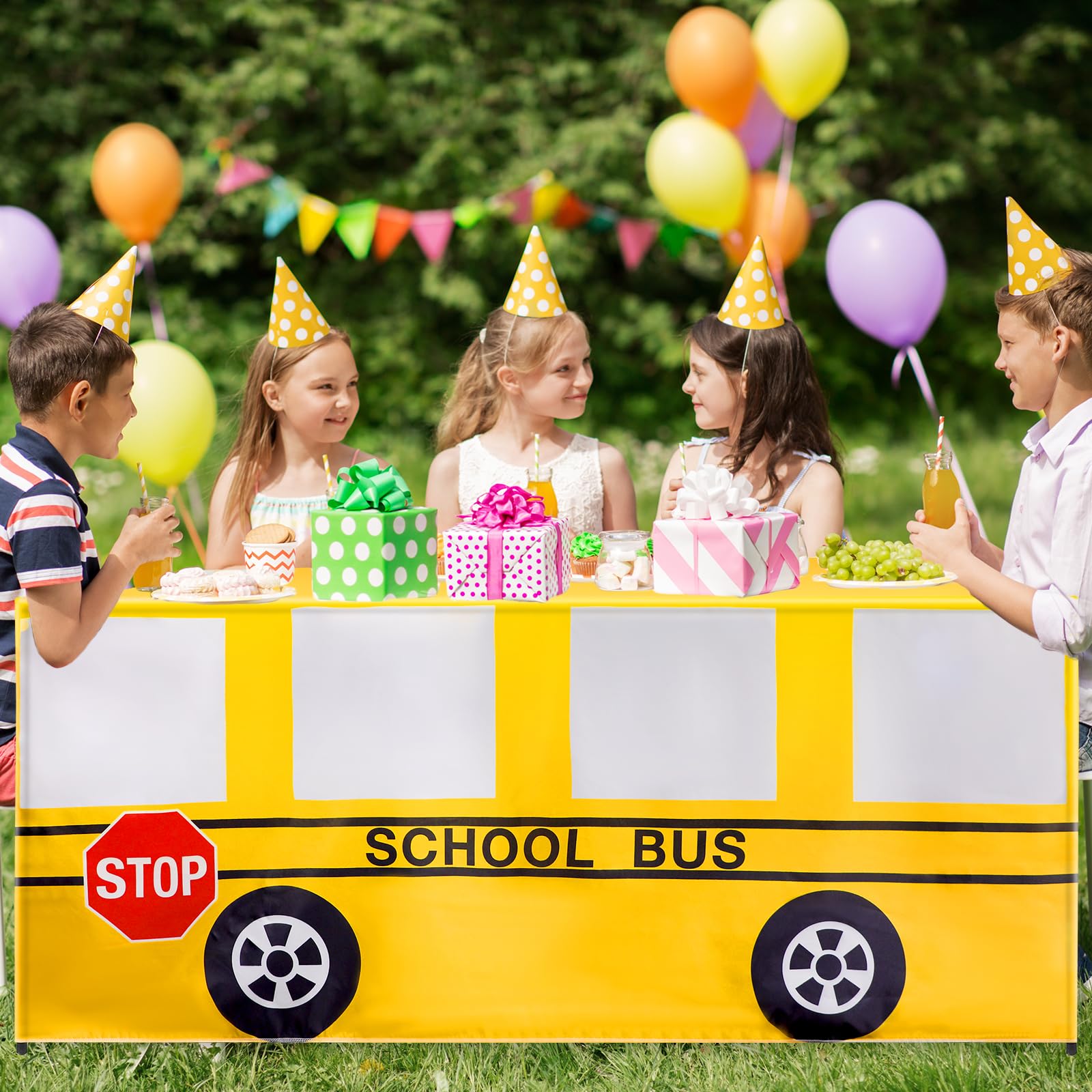6 Ft School Bus Tablecloths Birthday Party Decorations School Bus Theme Table Cover Washable Fabric Polyester Rectangle Table Covers Protector for School Kindergarten Back to School Party Decorations