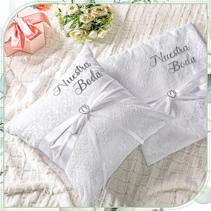 Mixweer 2pcs Wedding Embroidered Kneeling Pillows Nuestra Boda 18 x 18 Inch Embroidered Prayer Pillow Satin and Lace Kneeling White/Silver, Cojines para Boda, Decoracion (18",Without Pillow)