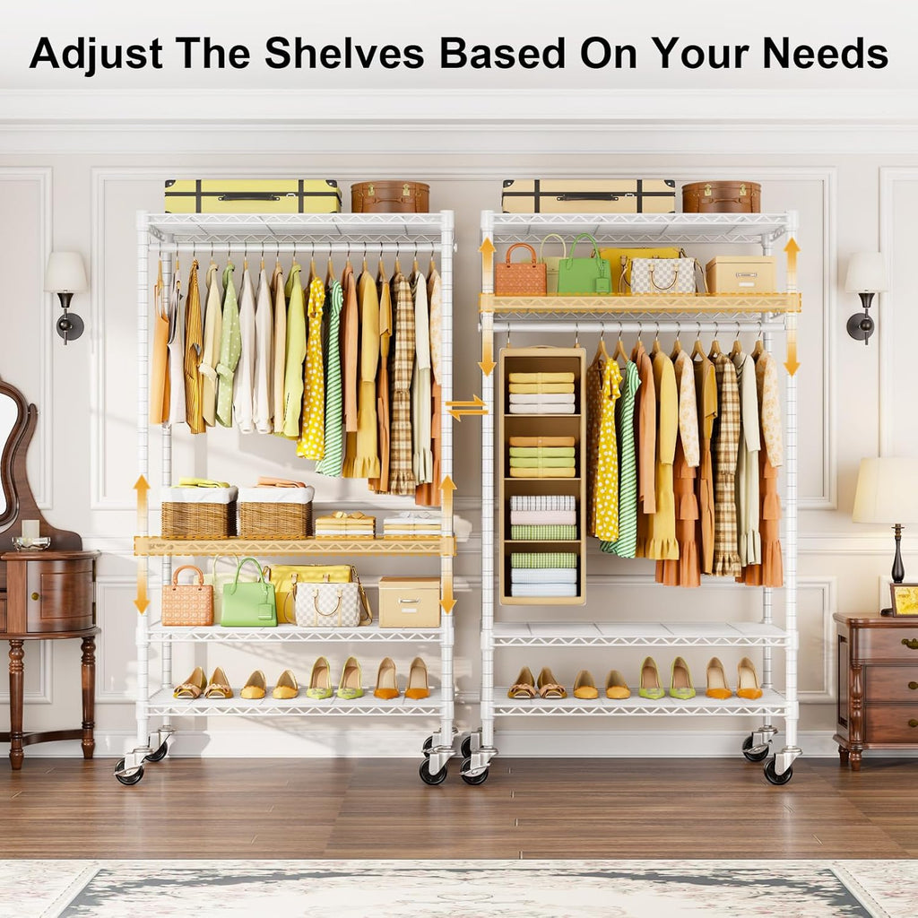 ULIFHOME Heavy Duty Rolling Clothes Rack - 4-Tier Metal Garment Rack with Wheels | 35.5" L x 15.8" W x 80.5" H, Max Load 445 LBS, White