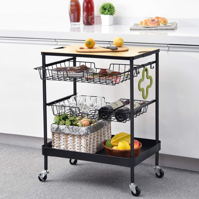 TOOLF Kitchen Island Serving Cart with Utility Wood Tabletop, 4-Tier Rolling Storage Cart with 2 Basket Drawers, Kitchen Cart with Wheels for Home, Dining Room, Bar, Restaurant, Hotel