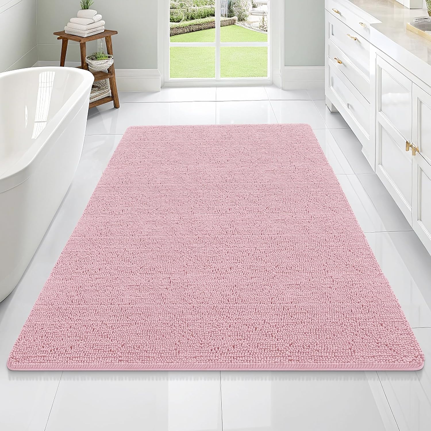 OLANLY Large Bathroom Rugs - Extra Soft Chenille Bath Mats with Rubber Backing | Quick Dry, Machine Washable, Dusty Rose 70x46