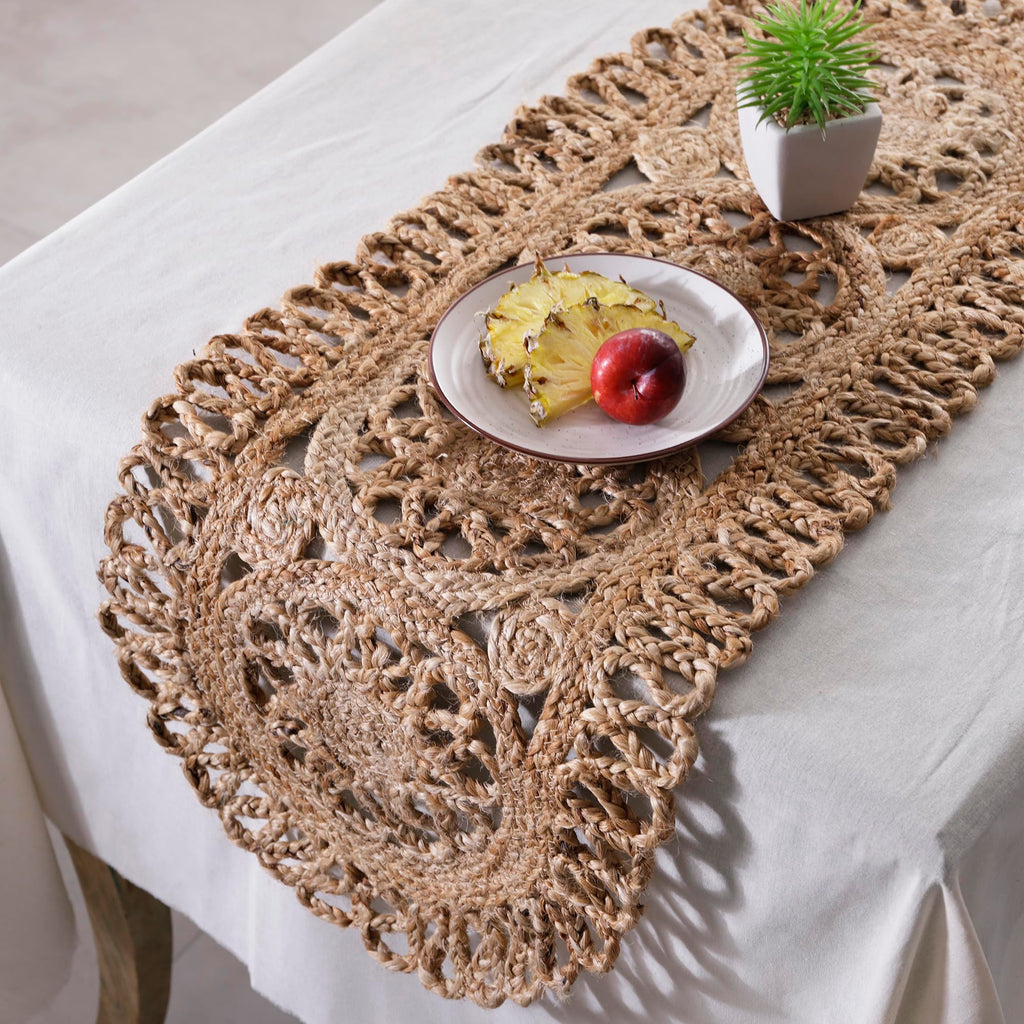 Madhu International Jute Table Runner - Rustic Handwoven Table Cover Made from Natural Jute Fiber - Intricate Boho Woven Mantelpiece for Office, Coffee Table, Dining Table, Hallway, Entryway - 13x72