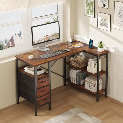 DUMOS L-Shaped Desk - 47-Inch Brown Corner Computer Desk with Power Outlet & Adjustable Shelves
