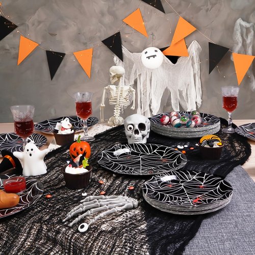 Homlouue 200 PCS Halloween Plates and Napkins, Spider Web Paper Plates for Halloween Party Decoration, Serve 50, Disposable Dinnerware Set