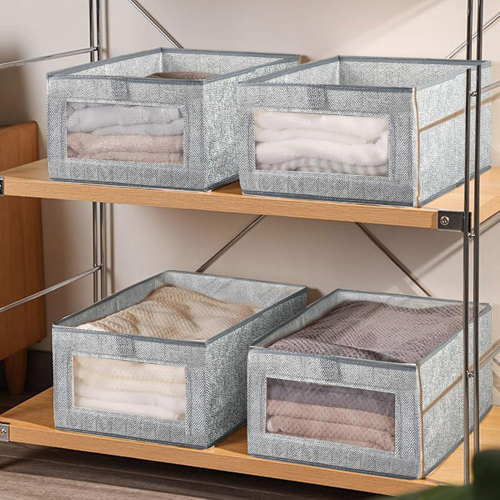 Skiennix Linen Closet Storage Bins - 6 Pieces with Clear Window for Organizing Clothes & Books