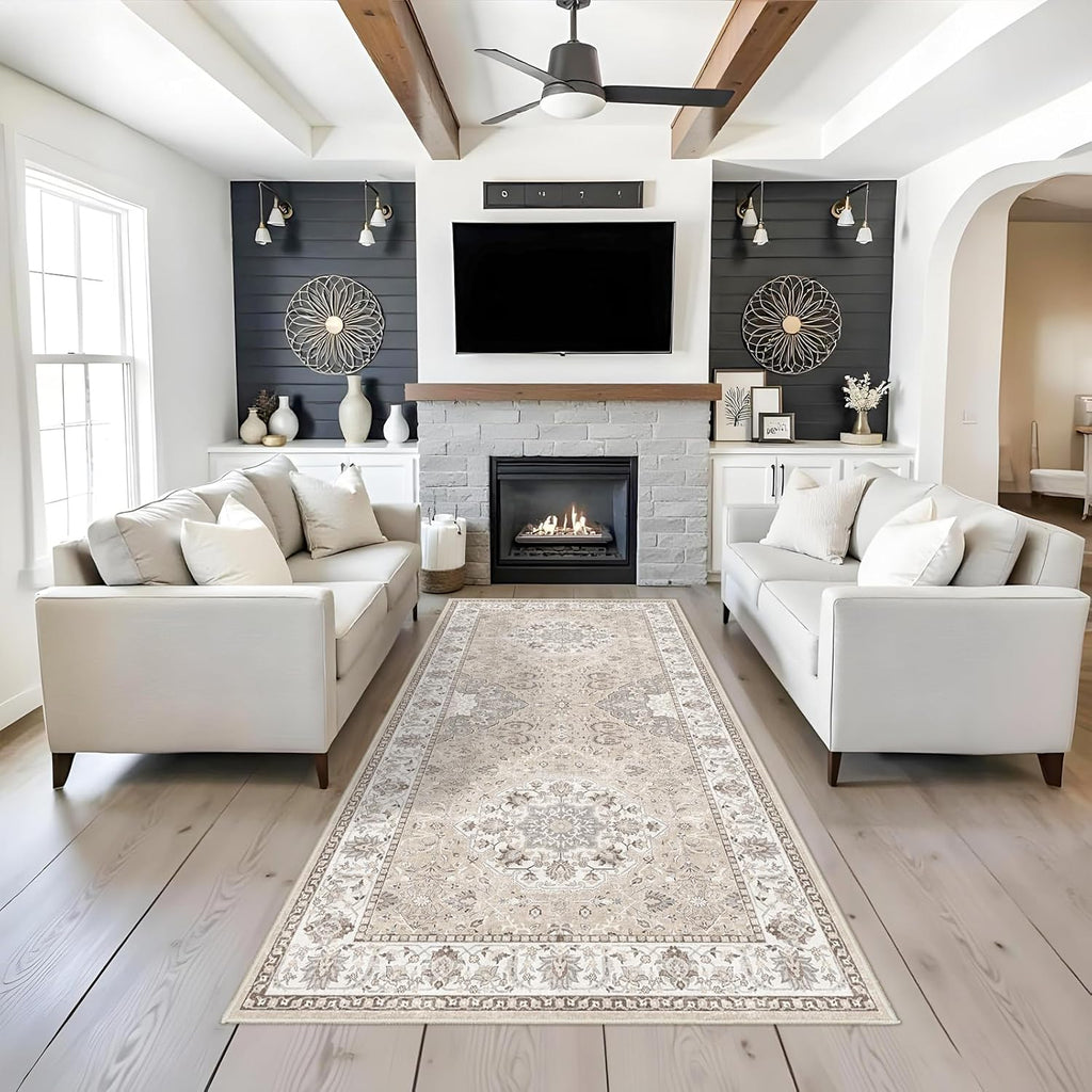 Skiennix Washable 4x8 Hallway Runner Rug - Vintage Soft Non-Slip Carpet for Entryway & Kitchen (Beige)
