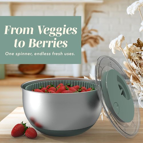 COOK WITH COLOR Stainless Steel Salad Spinner - 5 Qt Lettuce Washer & Vegetable Dryer | Non-Slip Base & Auto Stop Brake