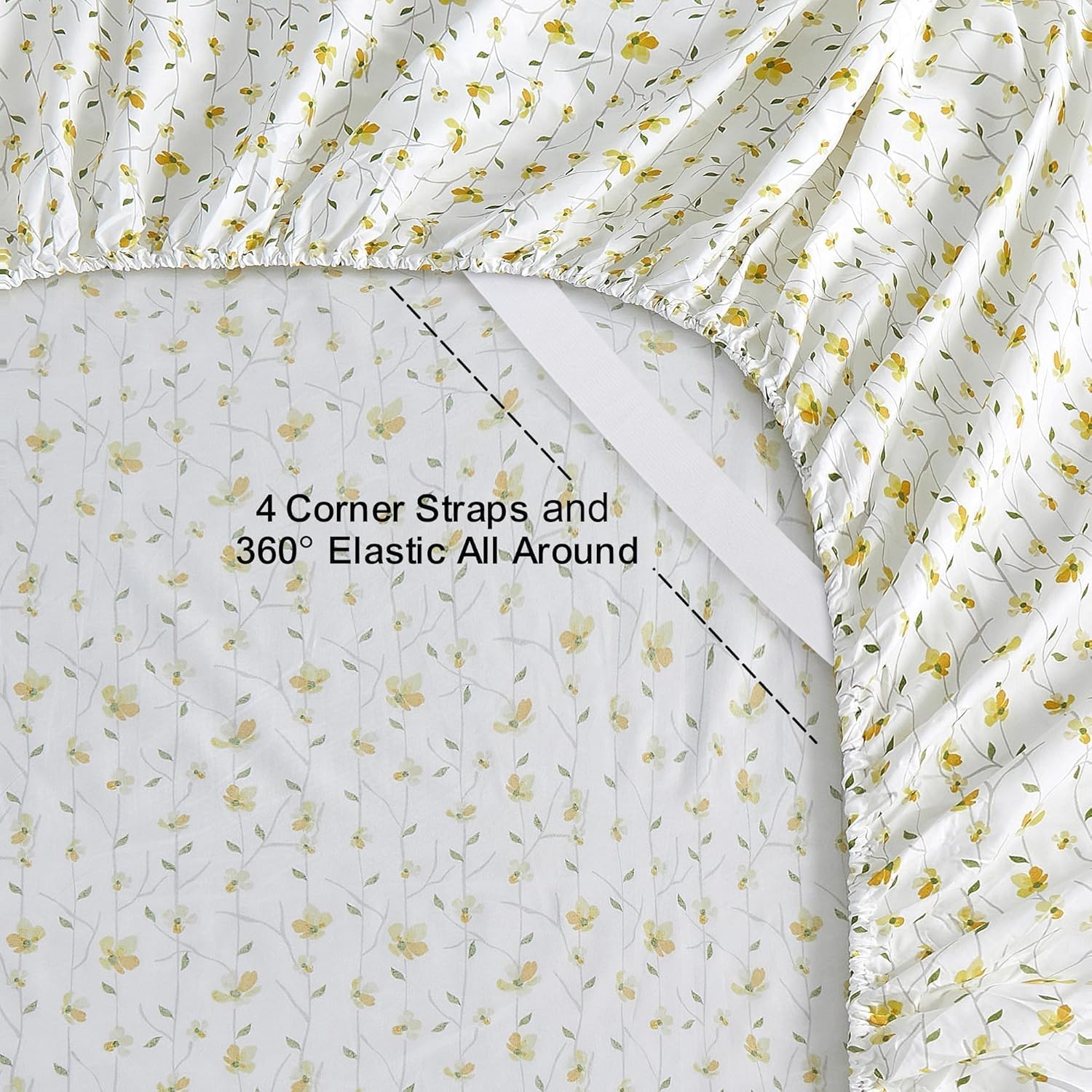 Softan Yellow Floral Queen Size Bed Sheets - 4 Piece Soft Microfiber Set with 15" Deep Pocket & Corner Straps
